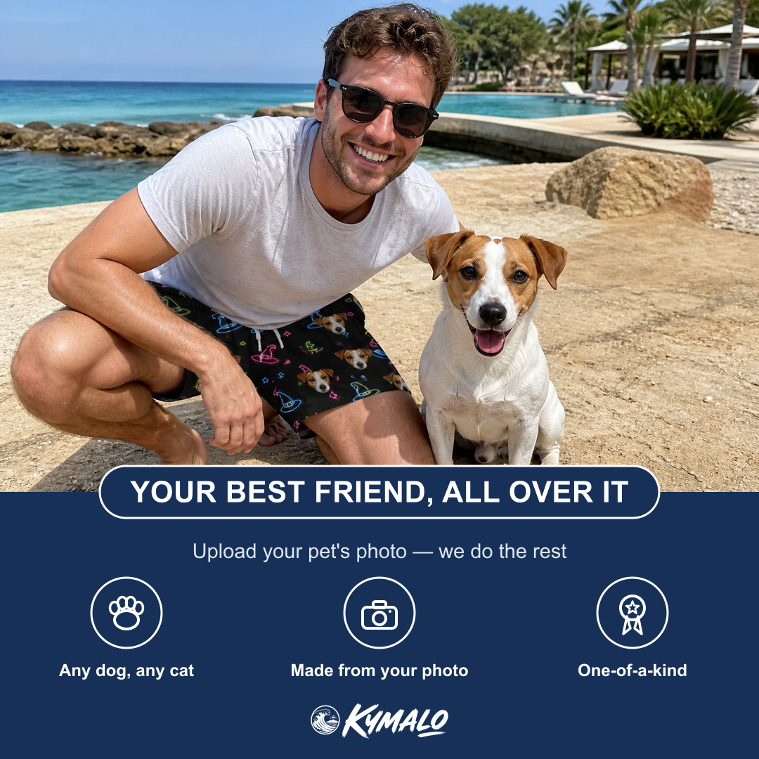 Friends in matching Men's Moonlit Millinery Custom Dog Face Beach Shorts — a group gift photo