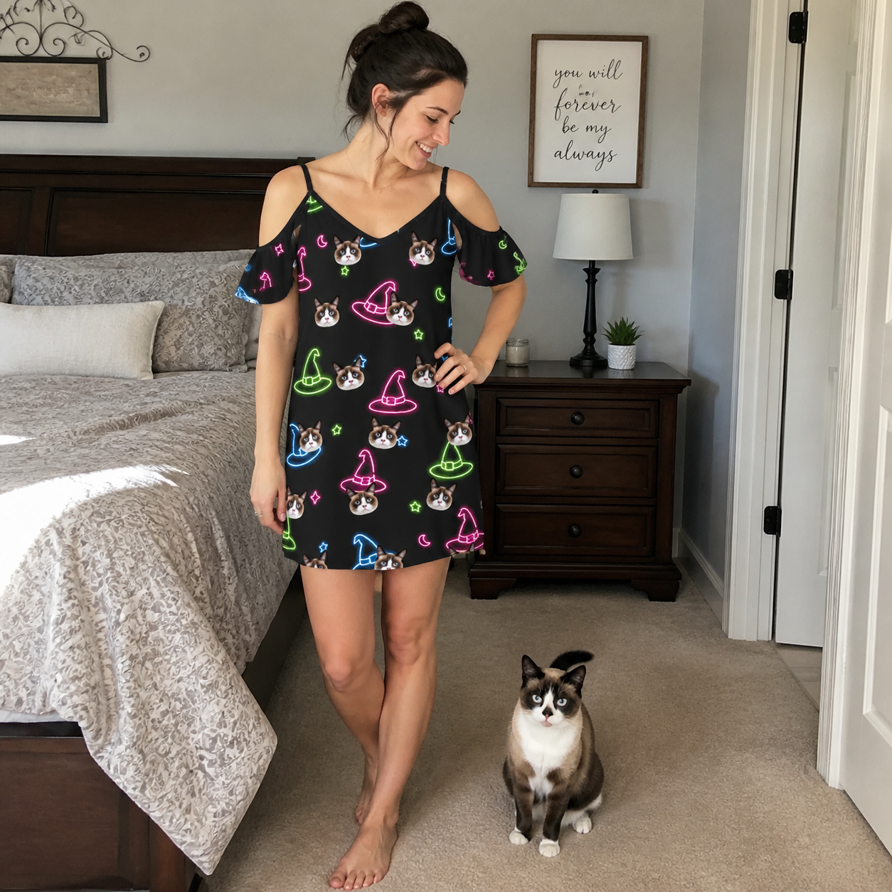 Full-length photo with the pet printed all over this Women's Moonlit Millinery Custom Cat Face Off-Shoulder Dress