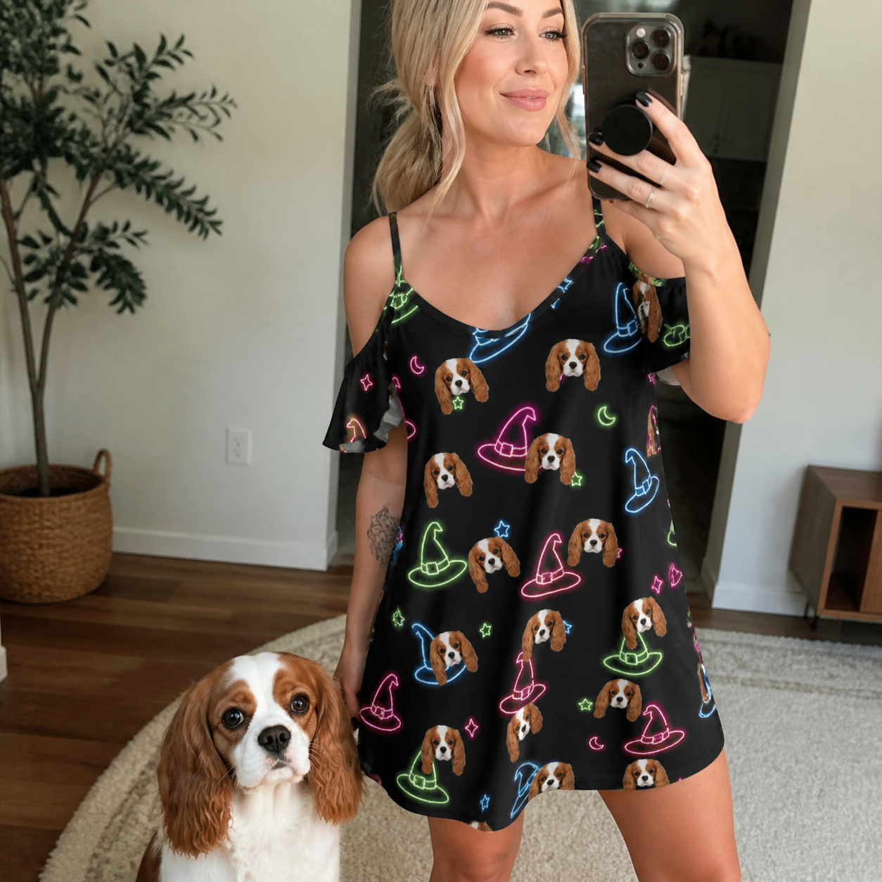 Selfie with the pet whose face is printed all over this Women's Moonlit Millinery Custom Dog Face Off-Shoulder Dress