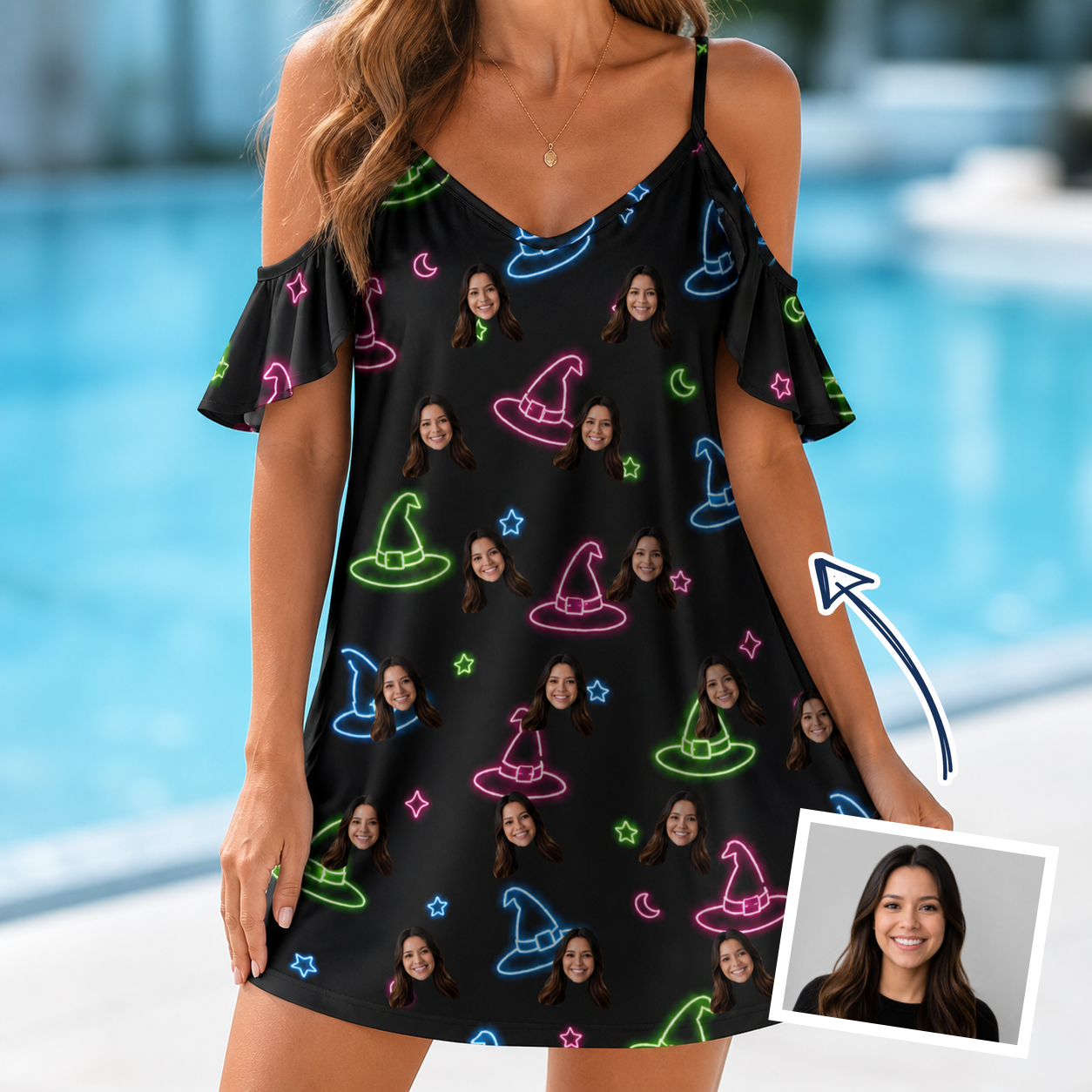 Woman wearing Women's Moonlit Millinery Custom Face Off-Shoulder Dress — custom faces printed all-over