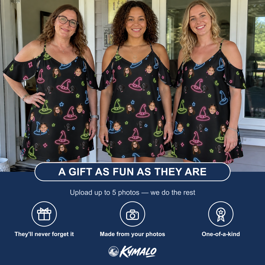 Friends in matching Women's Moonlit Millinery Custom Face Off-Shoulder Dress — a group gift photo