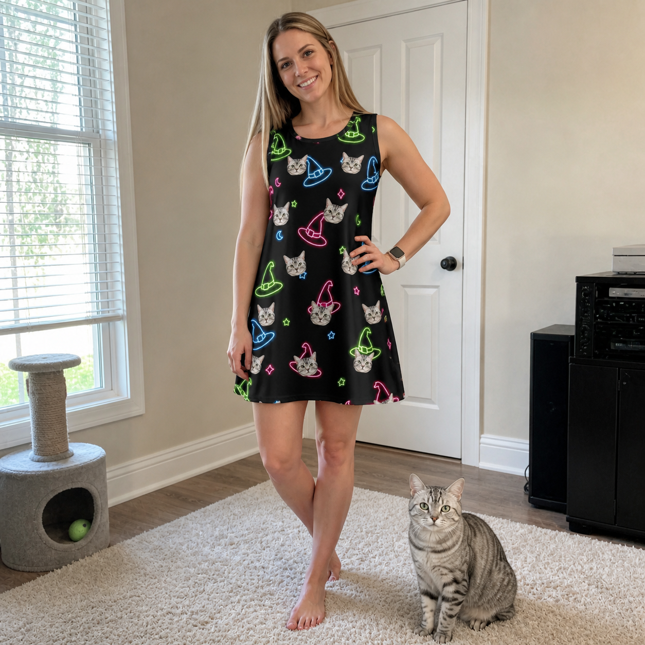 Full-length photo with the pet printed all over this Women's Moonlit Millinery Custom Cat Face Tank Dress