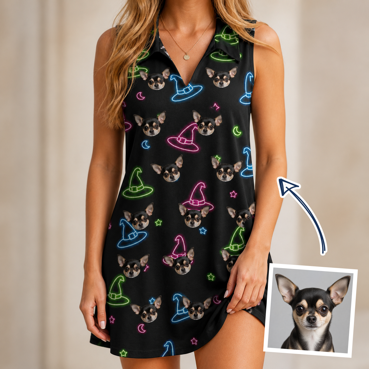 Woman wearing Women's Moonlit Millinery Custom Dog Face V-Neck Dress — custom faces printed all-over