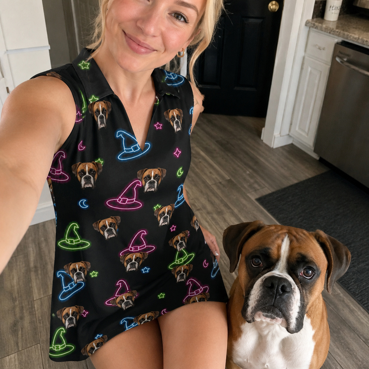 Selfie with the pet whose face is printed all over this Women's Moonlit Millinery Custom Dog Face V-Neck Dress