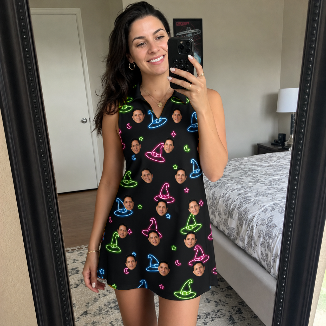 Real-life photo of someone wearing Women's Moonlit Millinery Custom Face V-Neck Dress — custom faces printed all-over