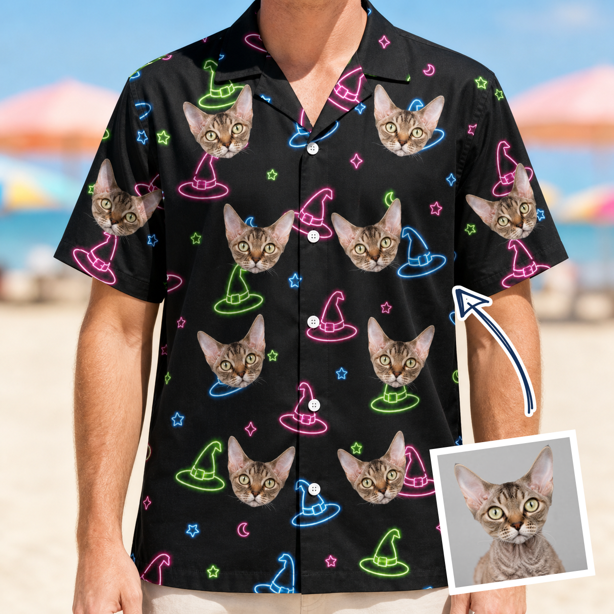 Man wearing Men's Moonlit Millinery Custom Cat Face Hawaiian Shirt — custom faces printed all-over