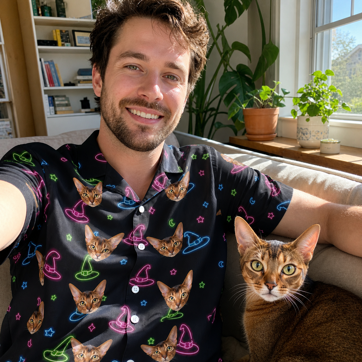 Selfie with the pet whose face is printed all over this Men's Moonlit Millinery Custom Cat Face Hawaiian Shirt