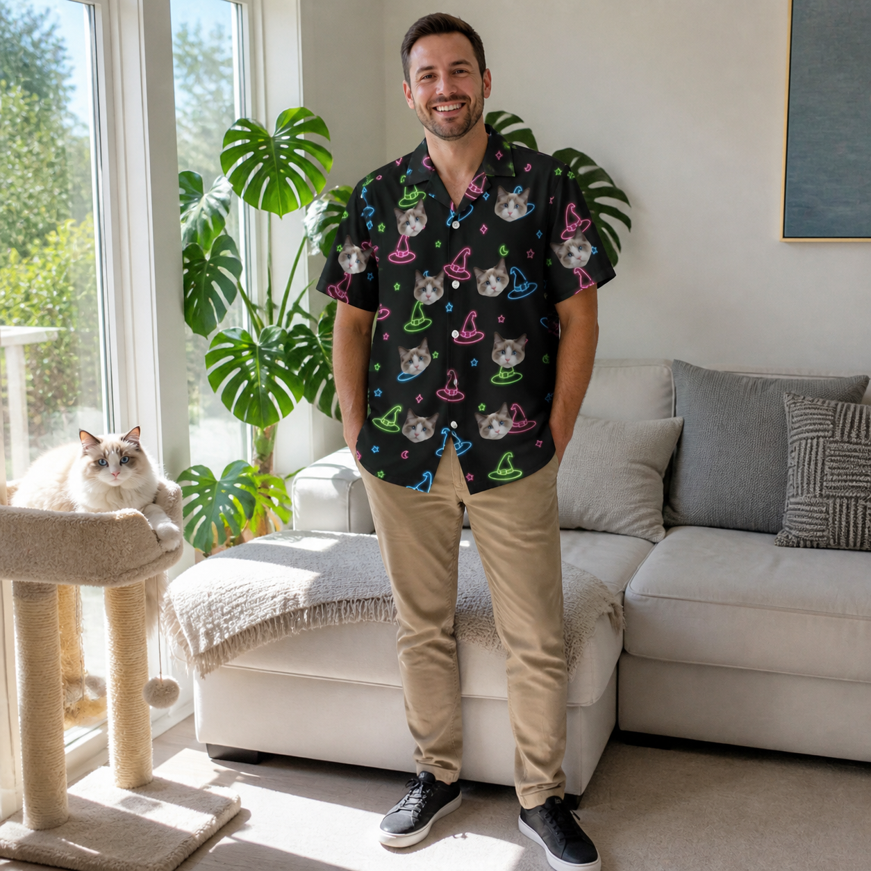 Full-length photo with the pet printed all over this Men's Moonlit Millinery Custom Cat Face Hawaiian Shirt