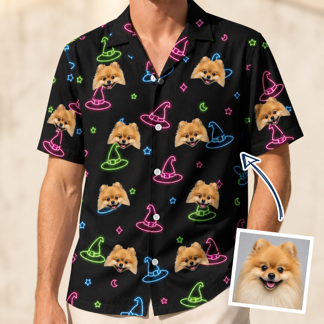Man wearing Men's Moonlit Millinery Custom Dog Face Hawaiian Shirt — custom faces printed all-over