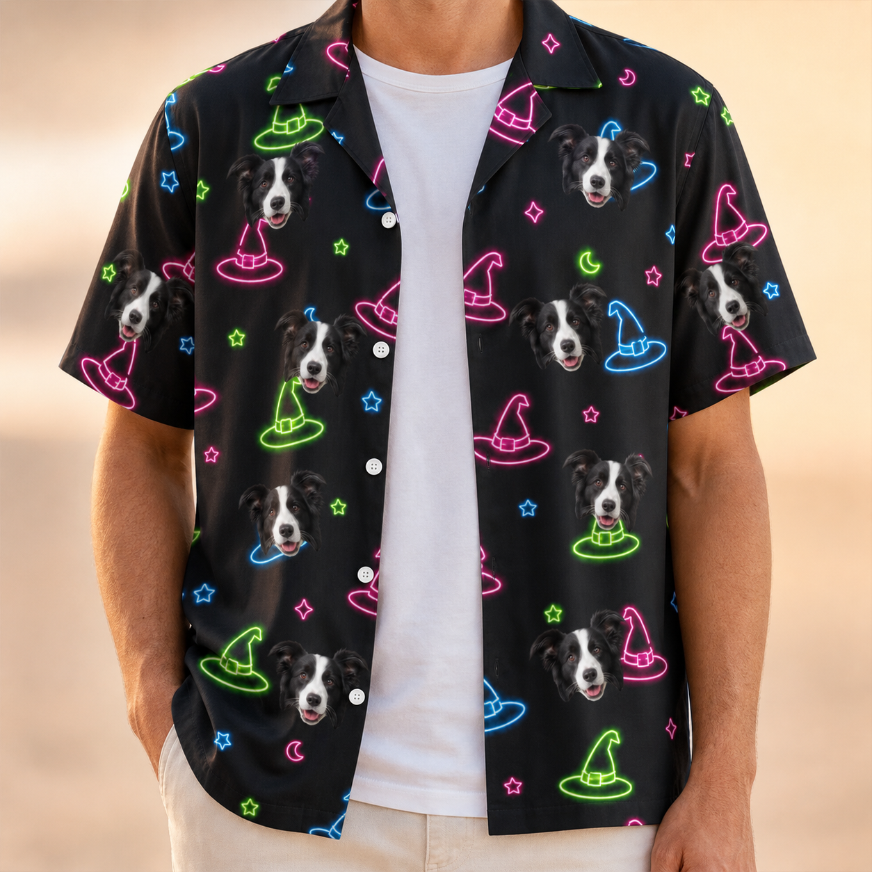 Man wearing Men's Moonlit Millinery Custom Dog Face Hawaiian Shirt open over a white tee