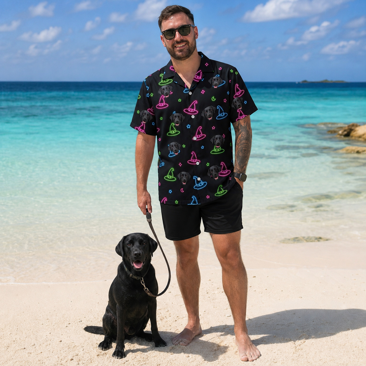 Full-length photo with the pet printed all over this Men's Moonlit Millinery Custom Dog Face Hawaiian Shirt