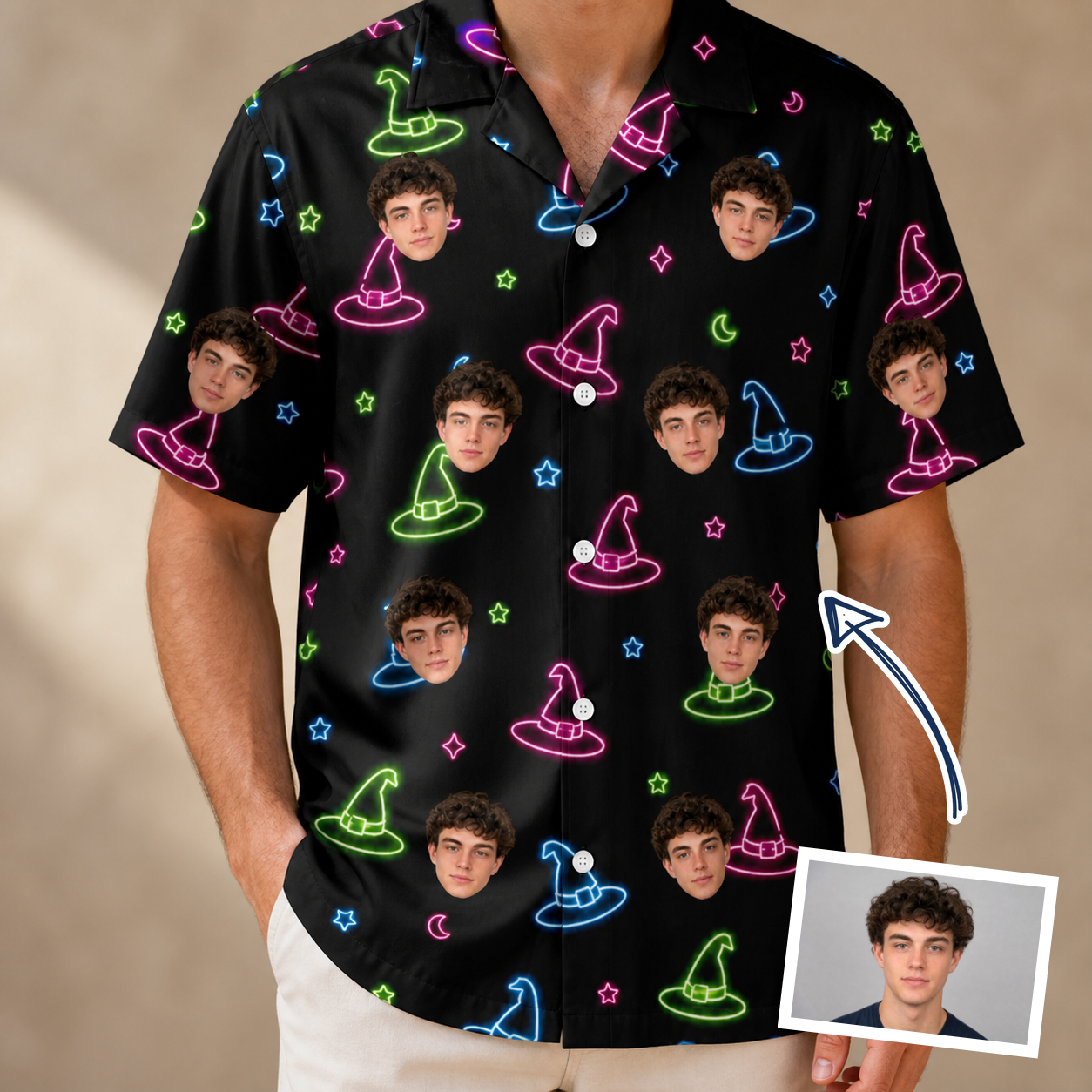 Man wearing Men's Moonlit Millinery Custom Face Hawaiian Shirt — custom faces printed all-over