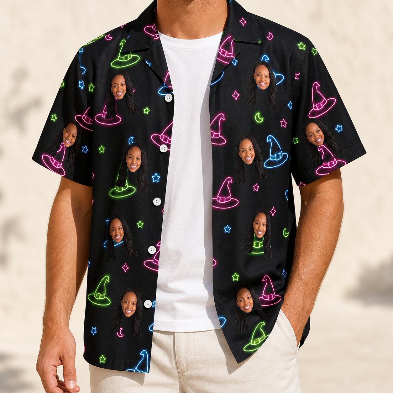 Man wearing Men's Moonlit Millinery Custom Face Hawaiian Shirt open over a white tee