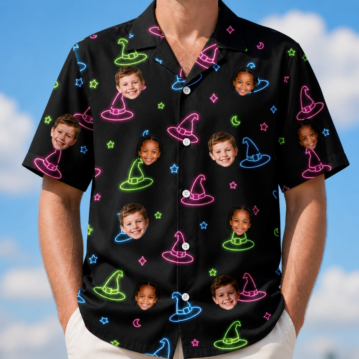 Model wearing Men's Moonlit Millinery Custom Face Hawaiian Shirt printed with kids' faces
