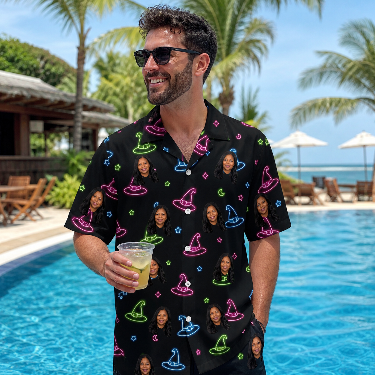 Real-life photo of someone wearing Men's Moonlit Millinery Custom Face Hawaiian Shirt — custom faces printed all-over