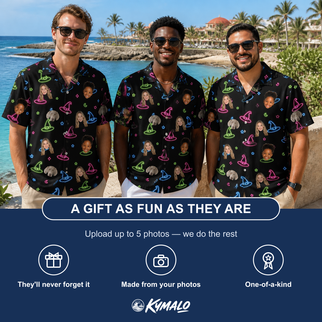 Friends in matching Men's Moonlit Millinery Custom Face Hawaiian Shirt — a group gift photo