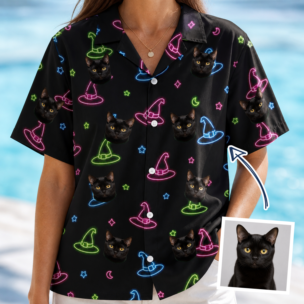 Woman wearing Women's Moonlit Millinery Custom Cat Face Hawaiian Shirt — custom faces printed all-over