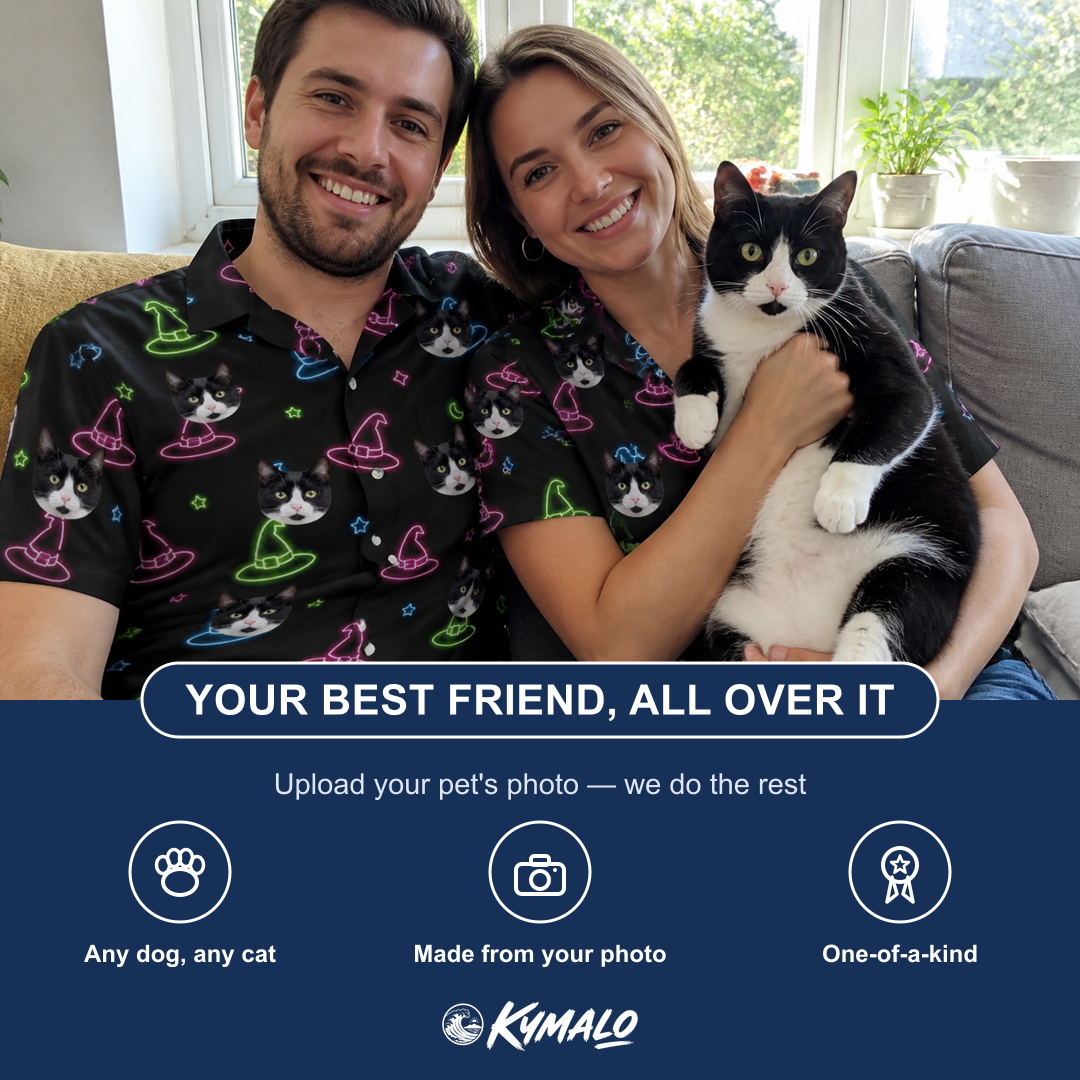 Friends in matching Women's Moonlit Millinery Custom Cat Face Hawaiian Shirt — a group gift photo