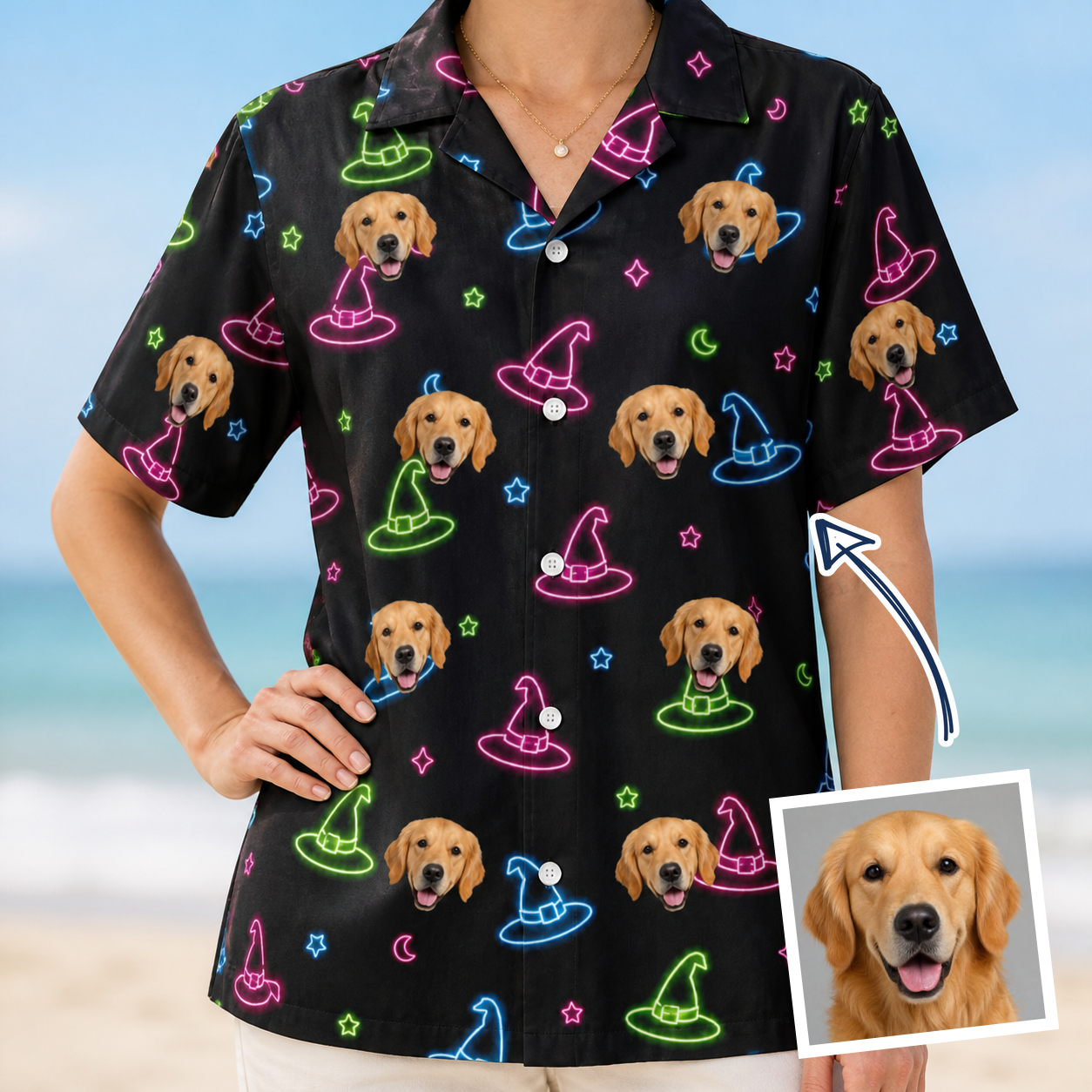 Woman wearing Women's Moonlit Millinery Custom Dog Face Hawaiian Shirt — custom faces printed all-over