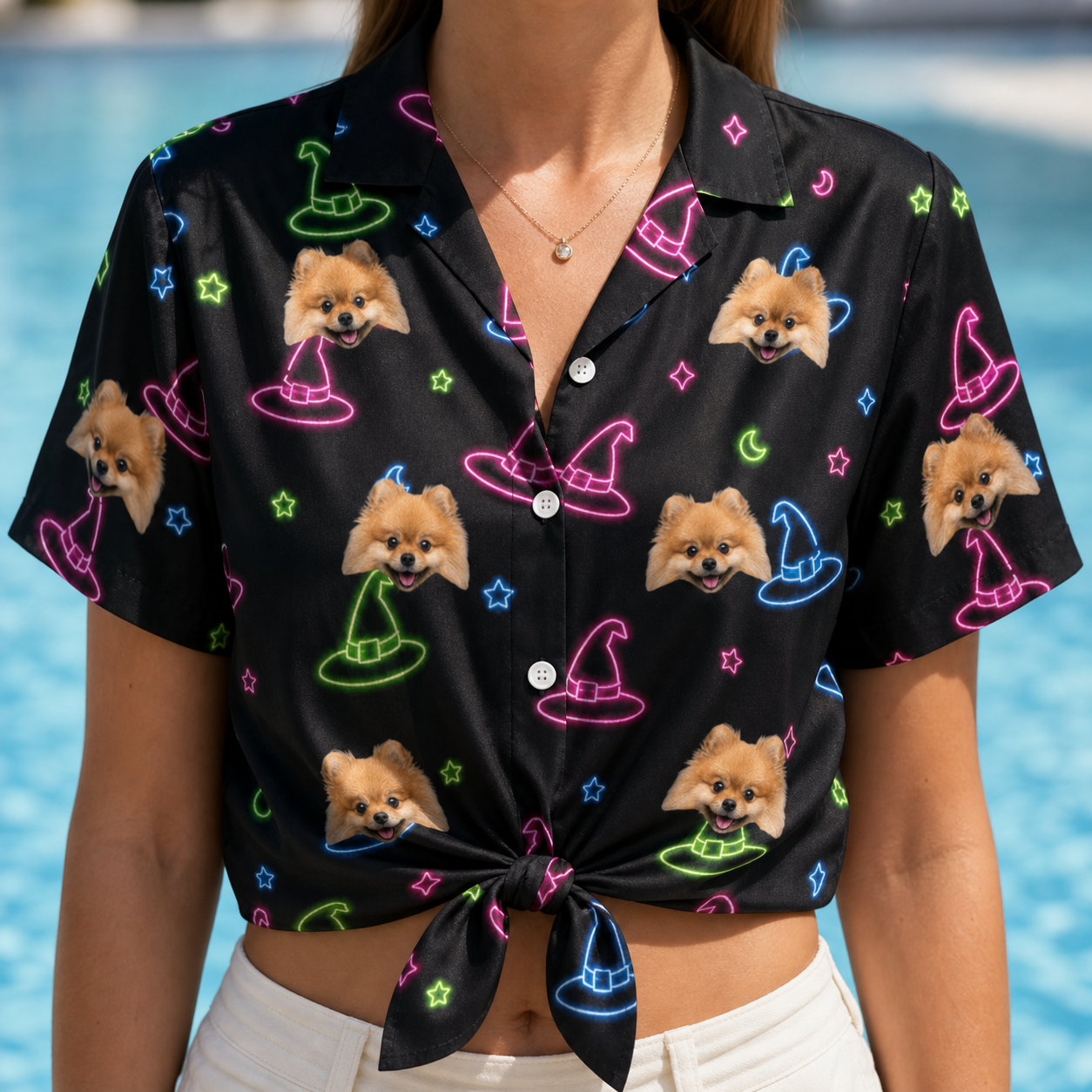 Woman wearing Women's Moonlit Millinery Custom Dog Face Hawaiian Shirt tied at the waist