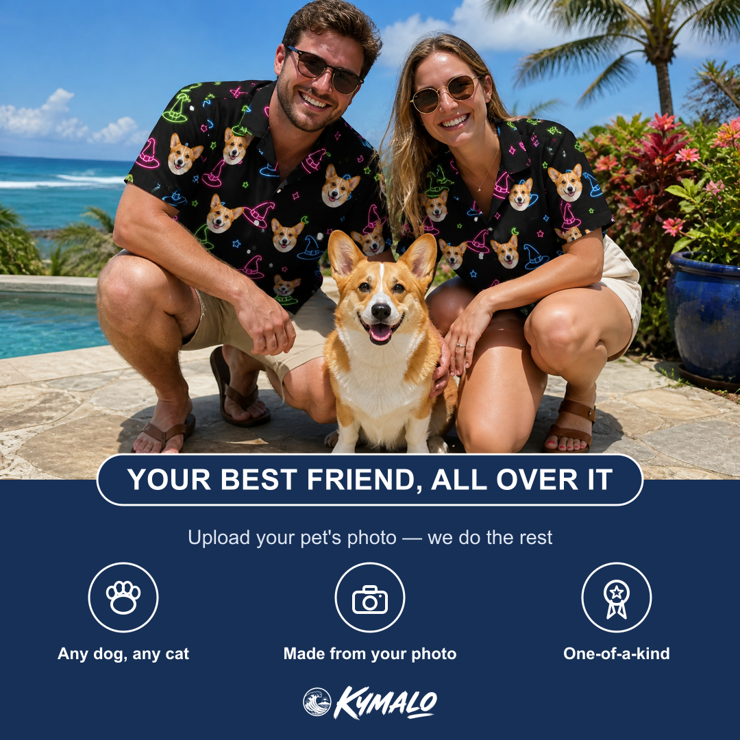 Friends in matching Women's Moonlit Millinery Custom Dog Face Hawaiian Shirt — a group gift photo