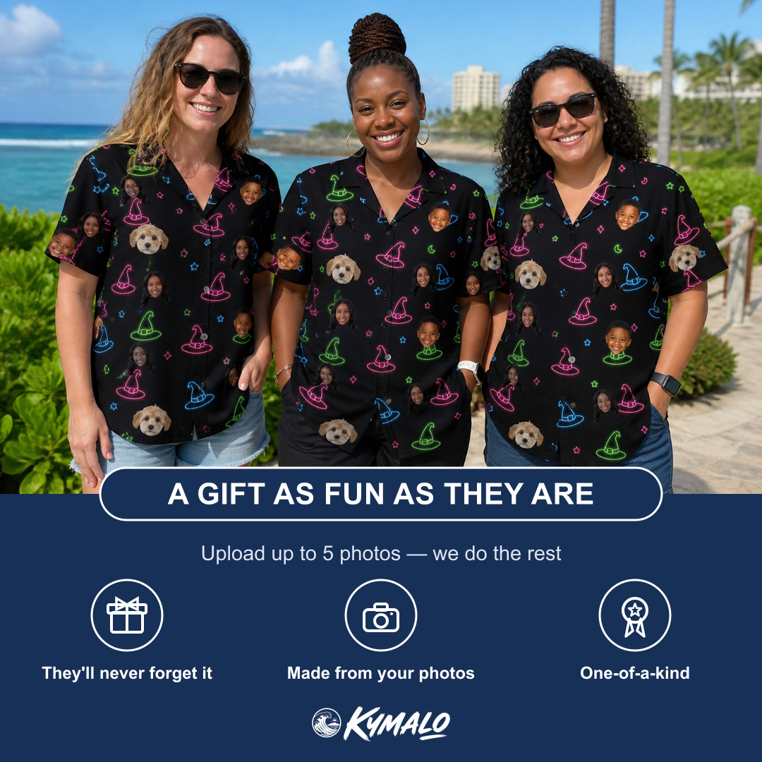 Friends in matching Women's Moonlit Millinery Custom Face Hawaiian Shirt — a group gift photo