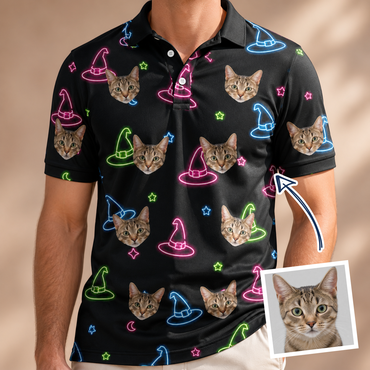 Man wearing Men's Moonlit Millinery Custom Cat Face Polo Shirt — custom faces printed all-over