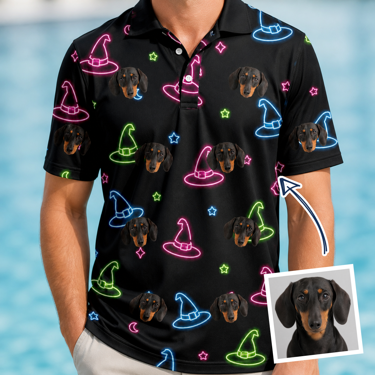 Man wearing Men's Moonlit Millinery Custom Dog Face Polo Shirt — custom faces printed all-over
