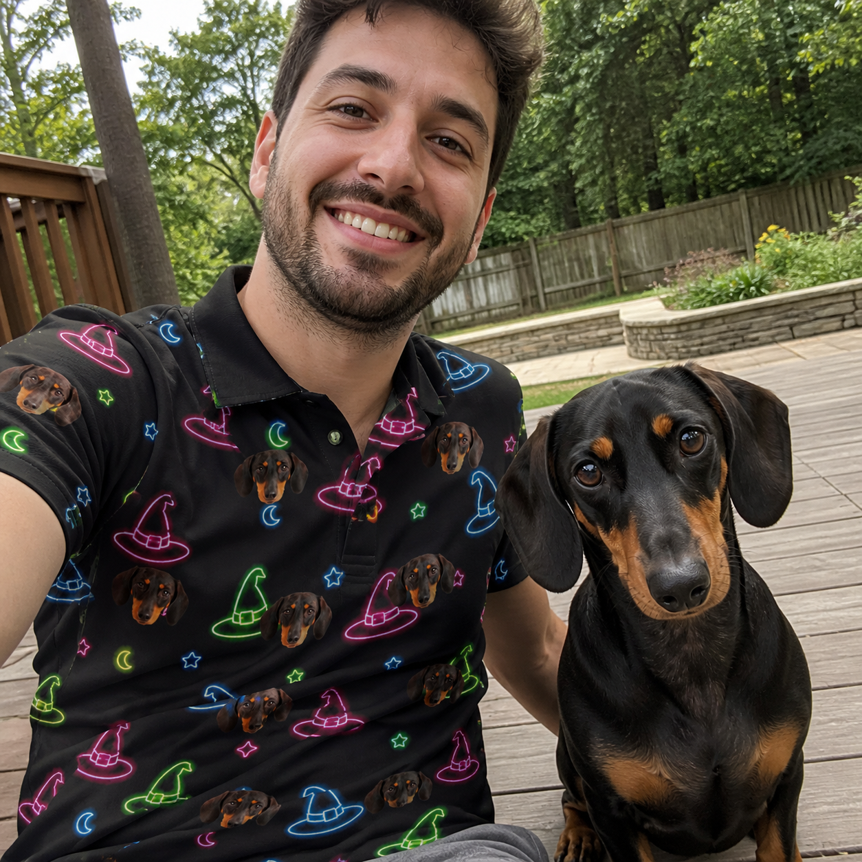 Selfie with the pet whose face is printed all over this Men's Moonlit Millinery Custom Dog Face Polo Shirt