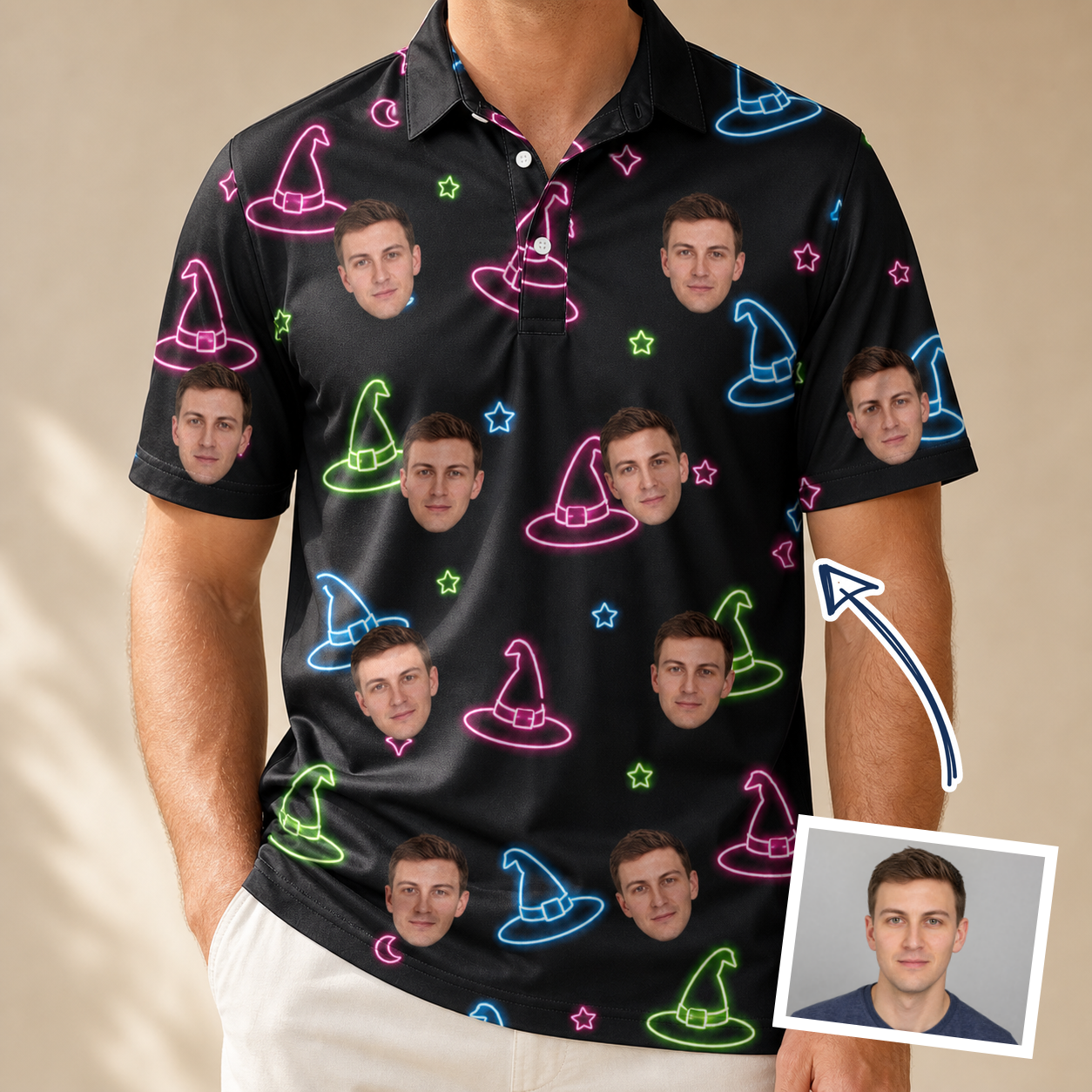 Man wearing Men's Moonlit Millinery Custom Face Polo Shirt — custom faces printed all-over