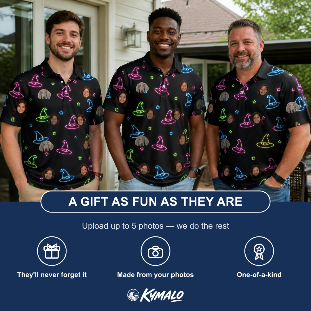 Friends in matching Men's Moonlit Millinery Custom Face Polo Shirt — a group gift photo