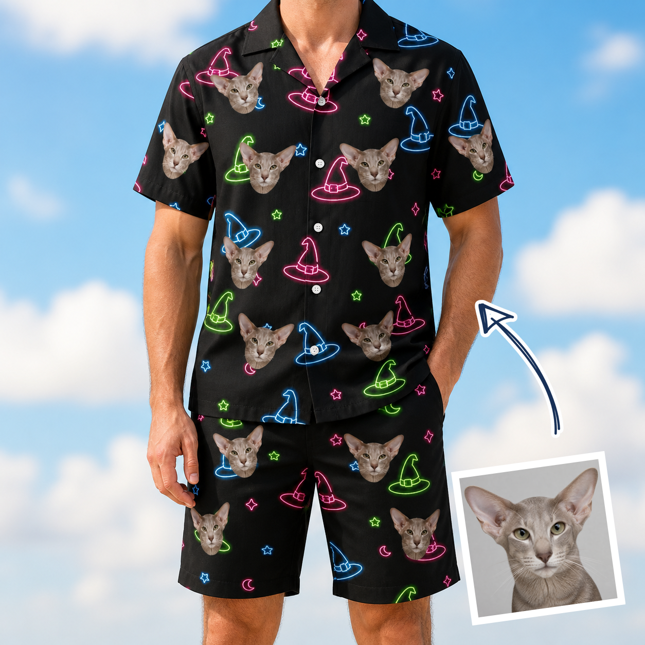 Man wearing Men's Moonlit Millinery Custom Cat Face Shirt & Shorts Set — custom faces printed all-over