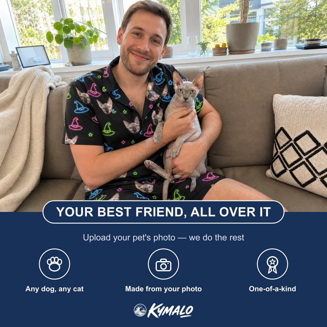 Friends in matching Men's Moonlit Millinery Custom Cat Face Shirt & Shorts Set — a group gift photo