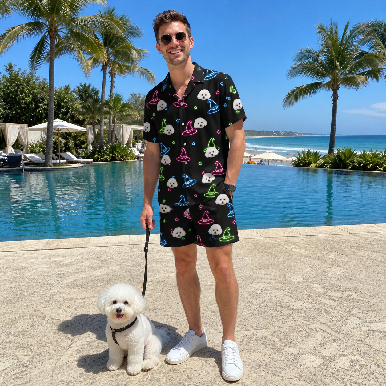 Full-length photo with the pet printed all over this Men's Moonlit Millinery Custom Dog Face Shirt & Shorts Set