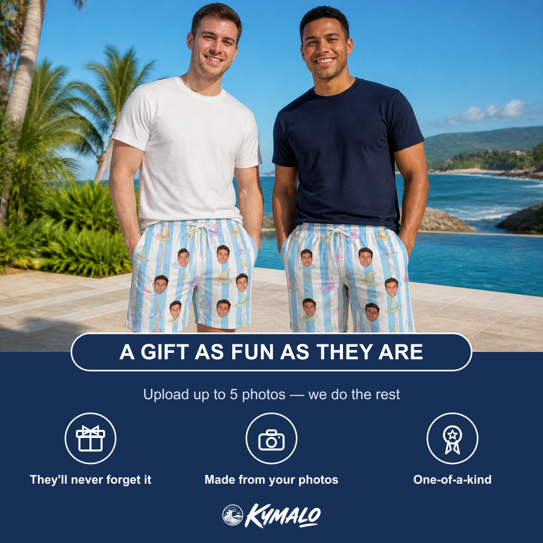 Friends in matching Men's Wicked Peaks Custom Face Beach Shorts — a group gift photo
