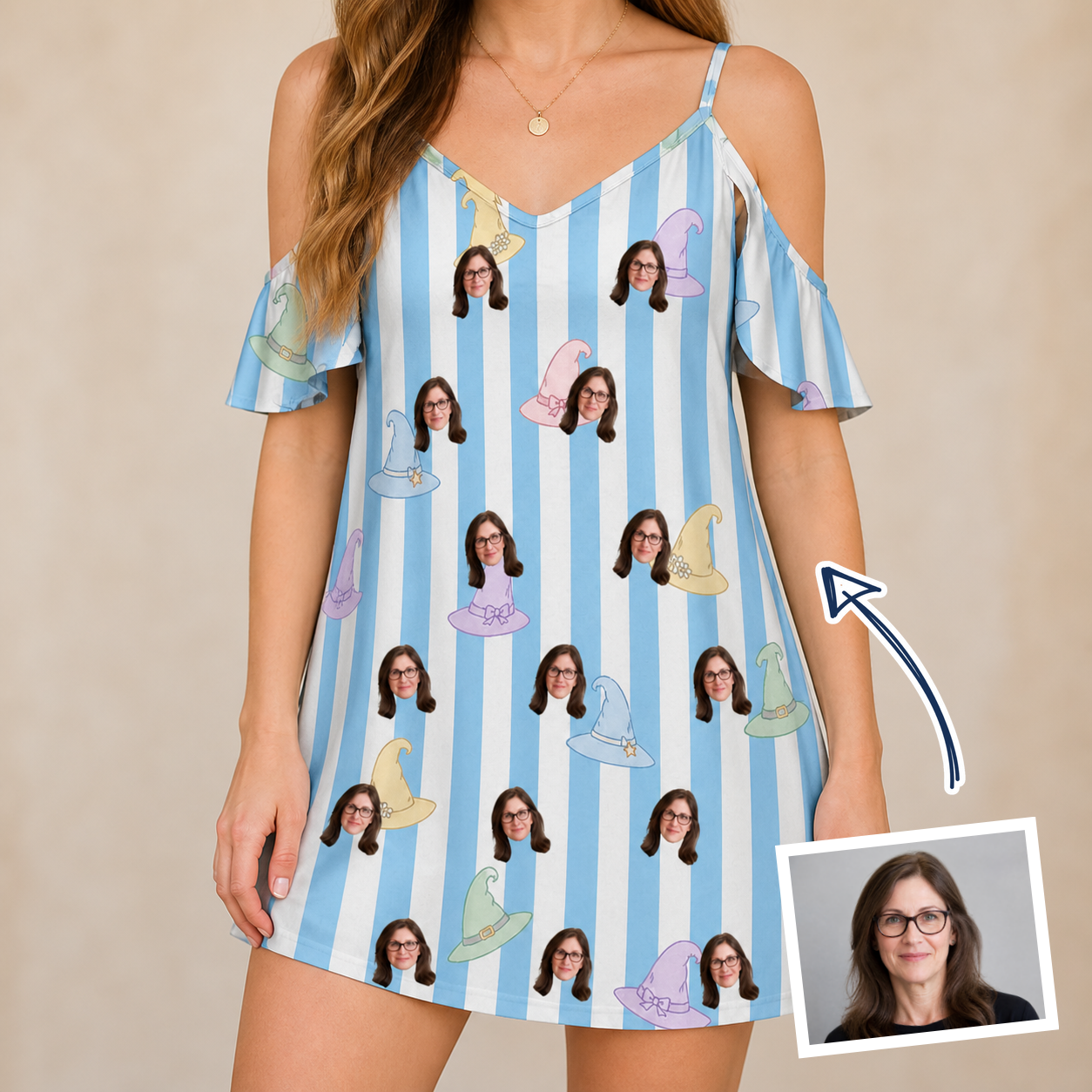 Woman wearing Women's Wicked Peaks Custom Face Off-Shoulder Dress — custom faces printed all-over
