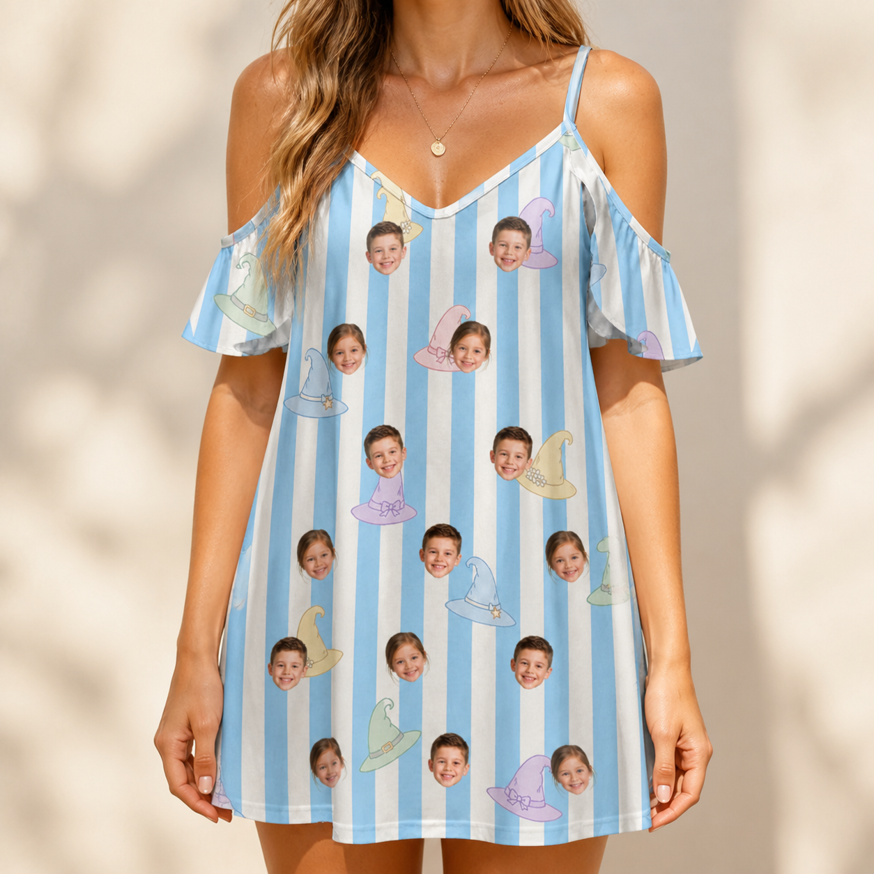 Model wearing Women's Wicked Peaks Custom Face Off-Shoulder Dress printed with kids' faces