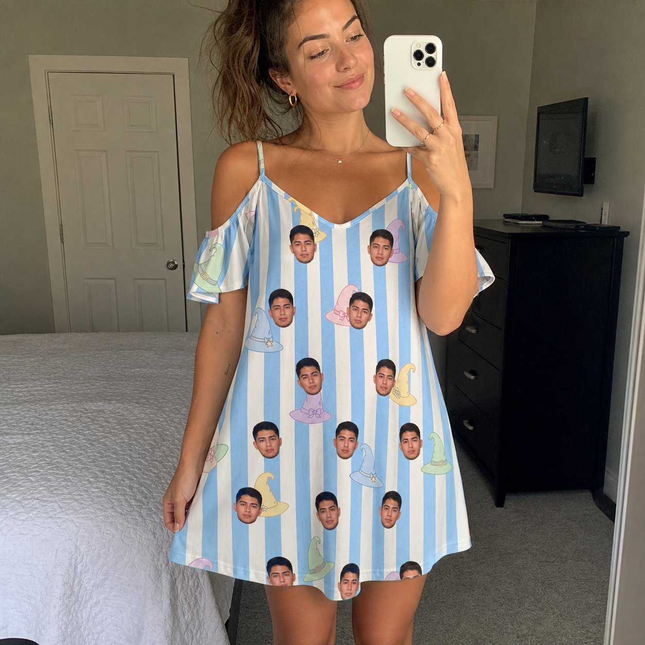Real-life photo of someone wearing Women's Wicked Peaks Custom Face Off-Shoulder Dress — custom faces printed all-over