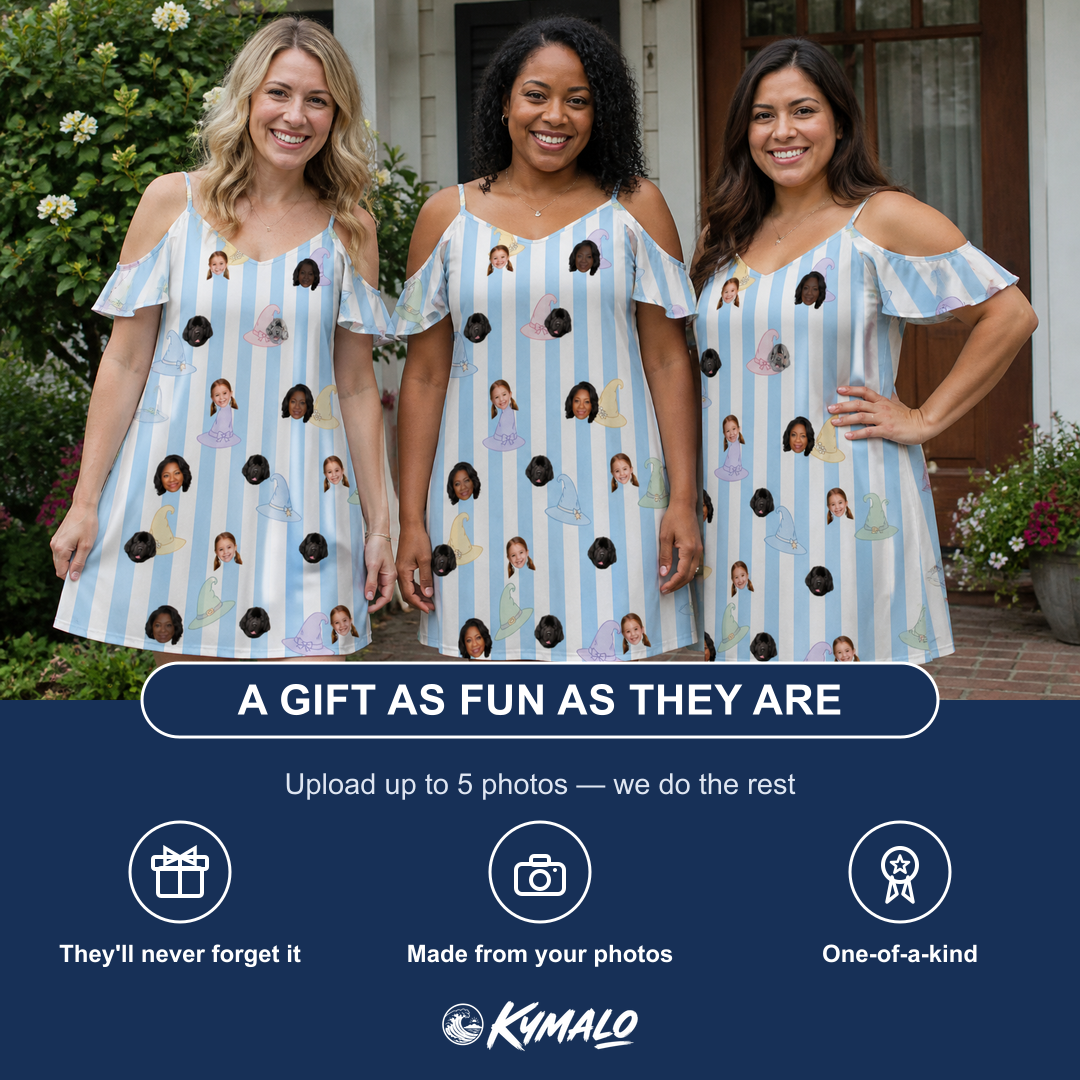 Friends in matching Women's Wicked Peaks Custom Face Off-Shoulder Dress — a group gift photo