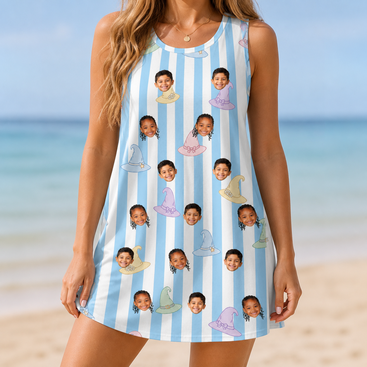 Model wearing Women's Wicked Peaks Custom Face Tank Dress printed with kids' faces