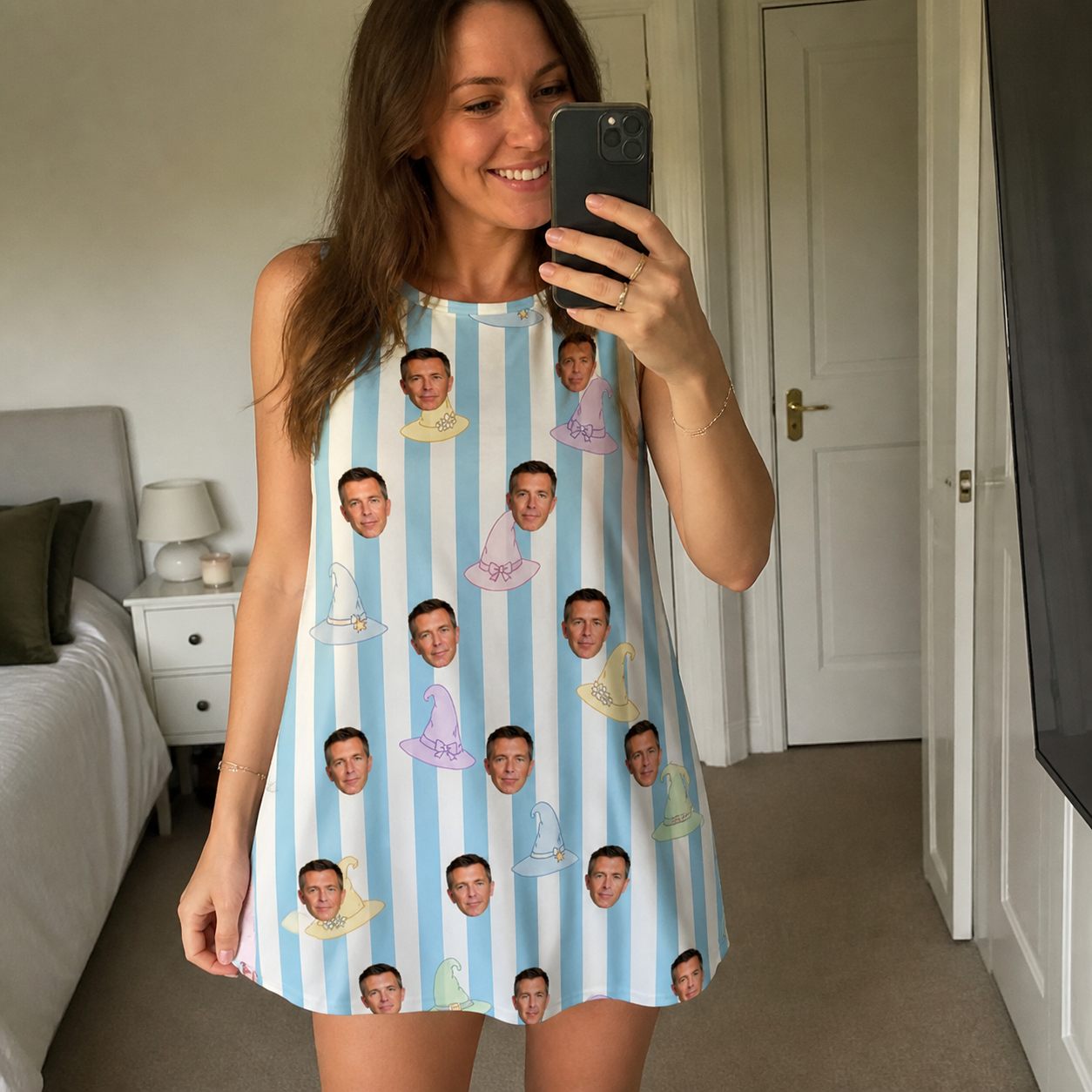 Real-life photo of someone wearing Women's Wicked Peaks Custom Face Tank Dress — custom faces printed all-over
