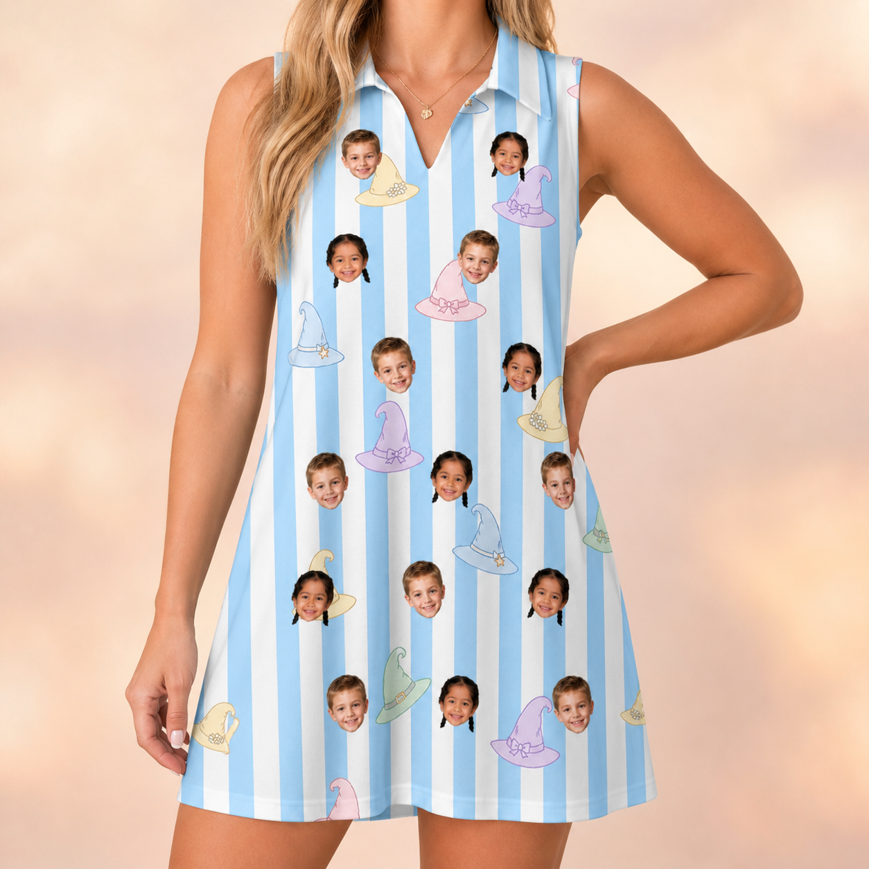 Model wearing Women's Wicked Peaks Custom Face V-Neck Dress printed with kids' faces