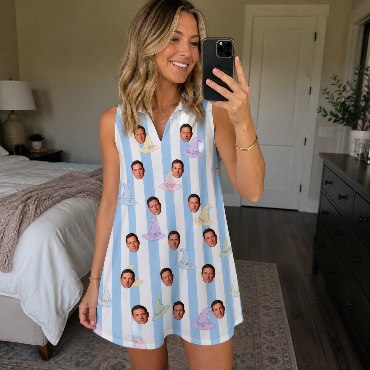 Real-life photo of someone wearing Women's Wicked Peaks Custom Face V-Neck Dress — custom faces printed all-over