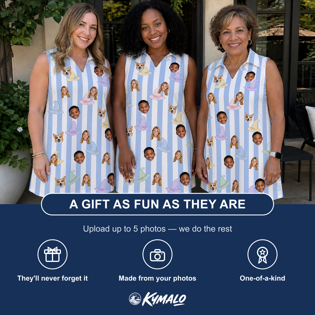 Friends in matching Women's Wicked Peaks Custom Face V-Neck Dress — a group gift photo