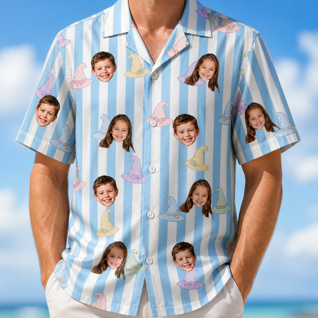 Model wearing Men's Wicked Peaks Custom Face Hawaiian Shirt printed with kids' faces