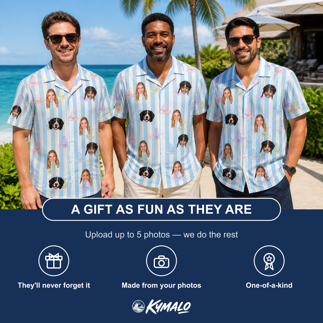 Friends in matching Men's Wicked Peaks Custom Face Hawaiian Shirt — a group gift photo