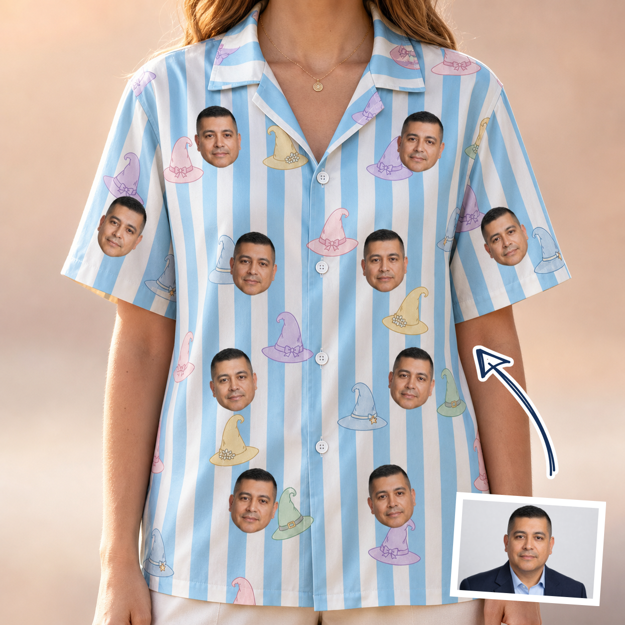 Woman wearing Women's Wicked Peaks Custom Face Hawaiian Shirt — custom faces printed all-over