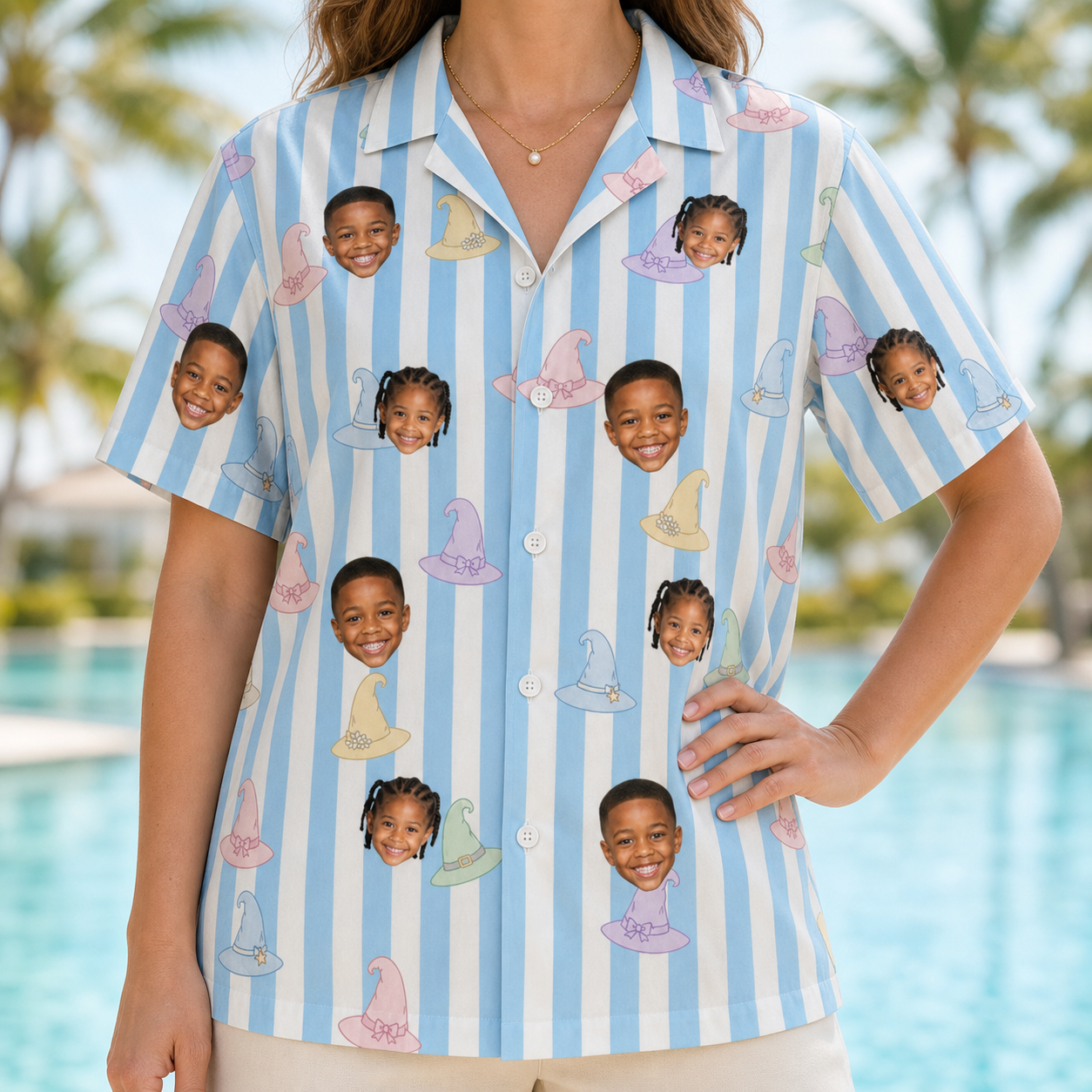 Model wearing Women's Wicked Peaks Custom Face Hawaiian Shirt printed with kids' faces