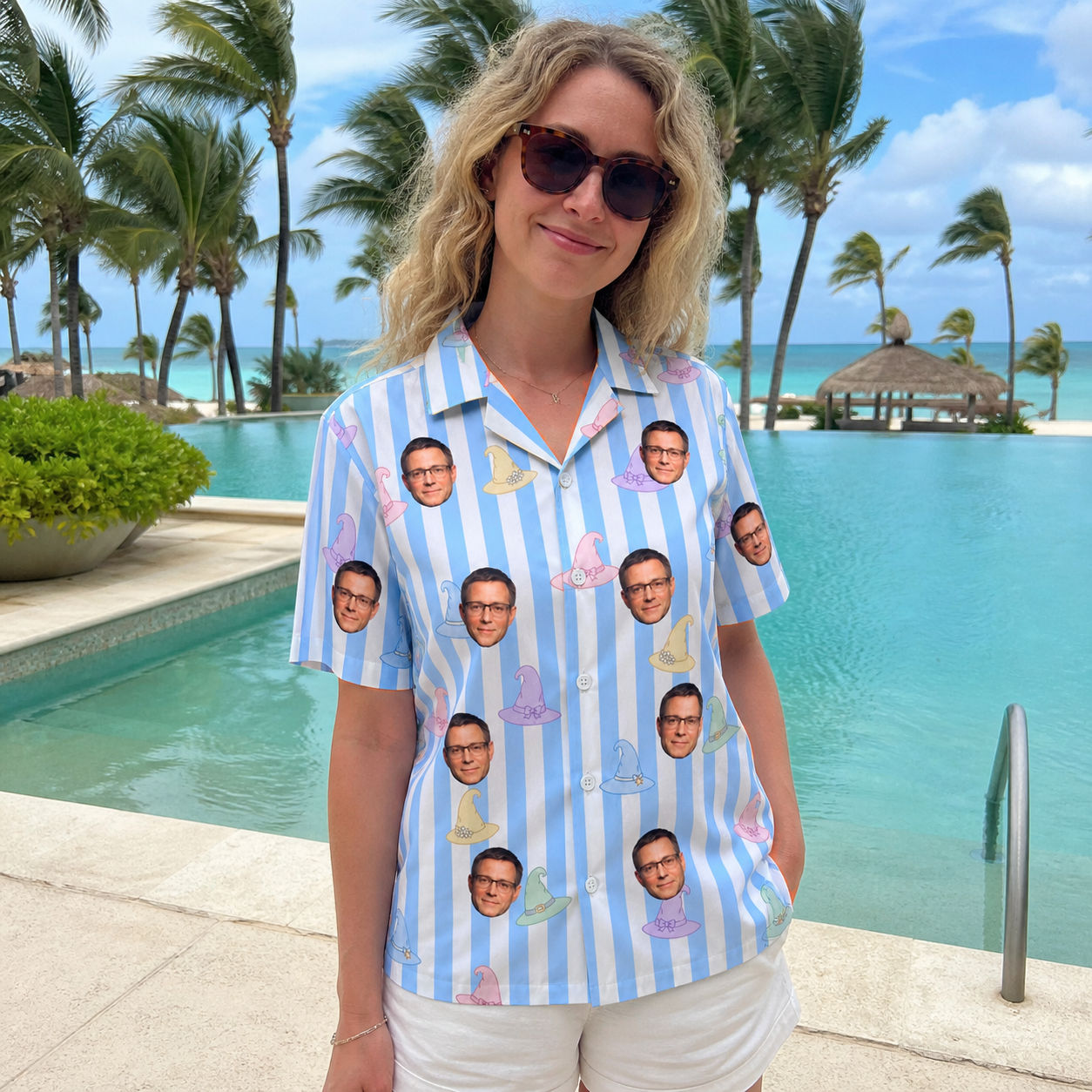 Real-life photo of someone wearing Women's Wicked Peaks Custom Face Hawaiian Shirt — custom faces printed all-over
