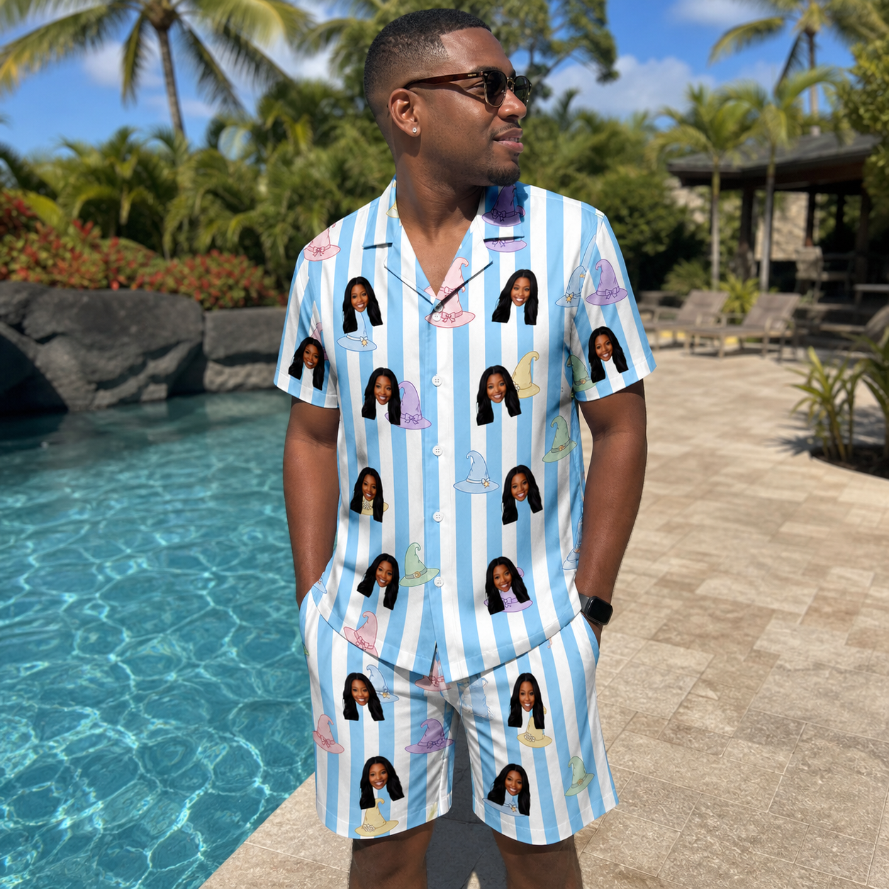 Real-life photo of someone wearing Men's Wicked Peaks Custom Face Shirt & Shorts Set — custom faces printed all-over
